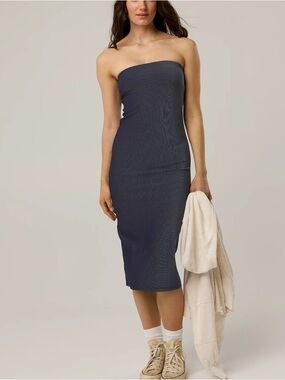 OFFLINE By Aerie Stripe Rib Night Out Midi Tube Dress Royal Navy Large Strapless